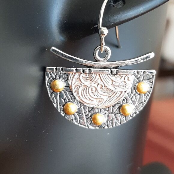 NWOT  Semi circle  fan shaped copper and silver toned earrings. - Picture 2 of 5